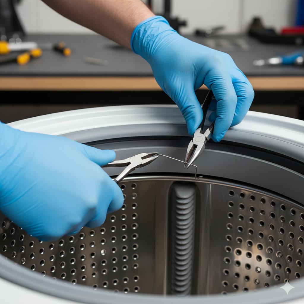 Мастер извлекает посторонний предмет из стиральной машины Ariston