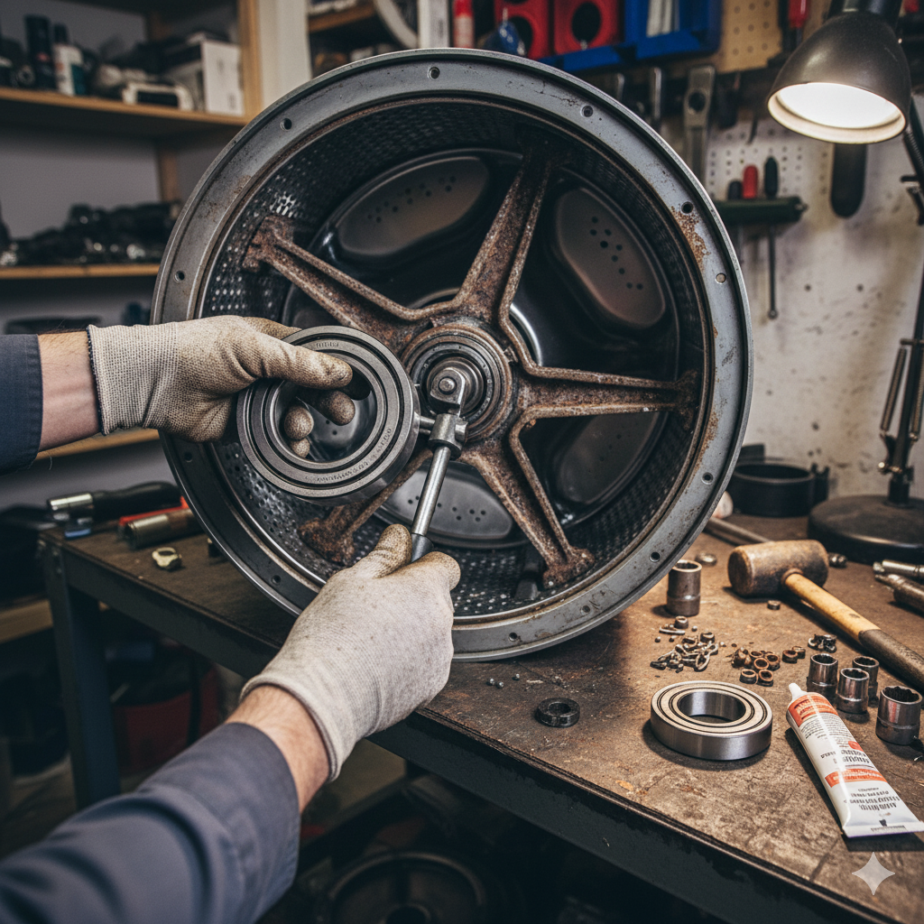 Ряд промышленных стиральных машин в прачечной самообслуживания