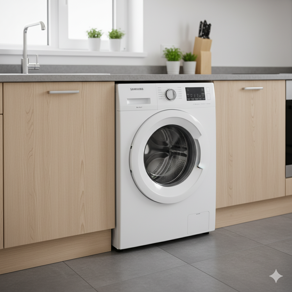 Встроенная стиральная машина на современной кухне