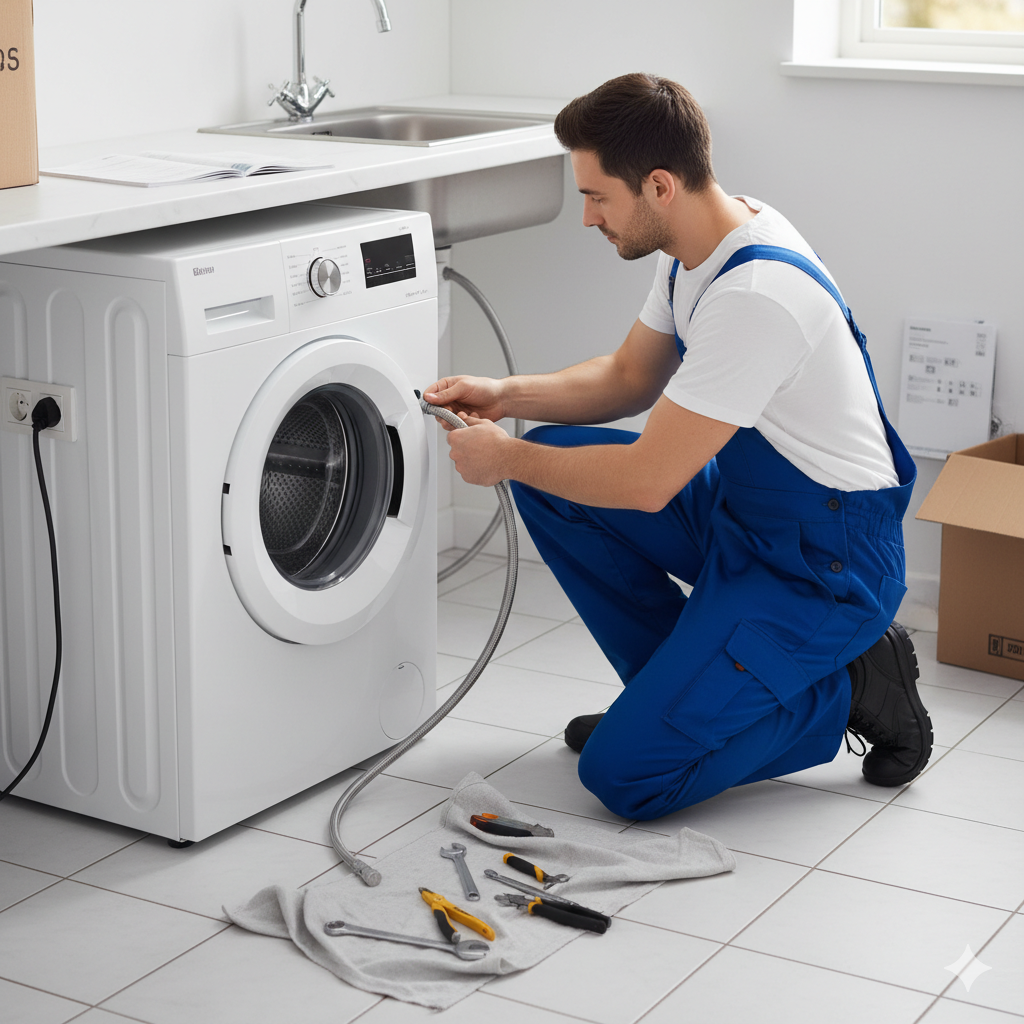 Стиральная машина в постирочной новой квартиры