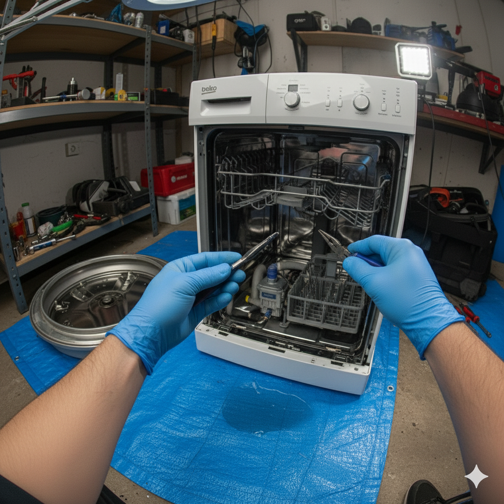 Мастер меняет уплотнитель на посудомоечной машине Beko