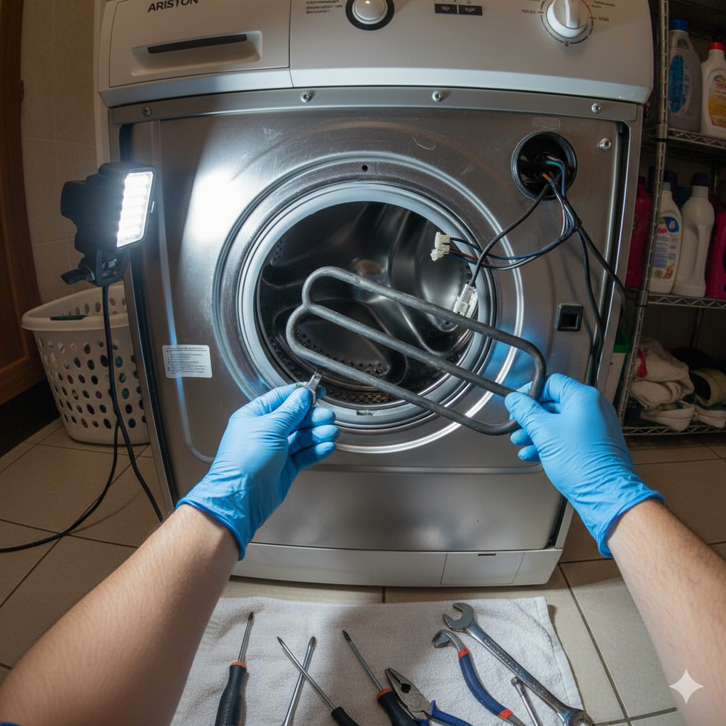 Мастер меняет ТЭН в стиральной машине Ariston