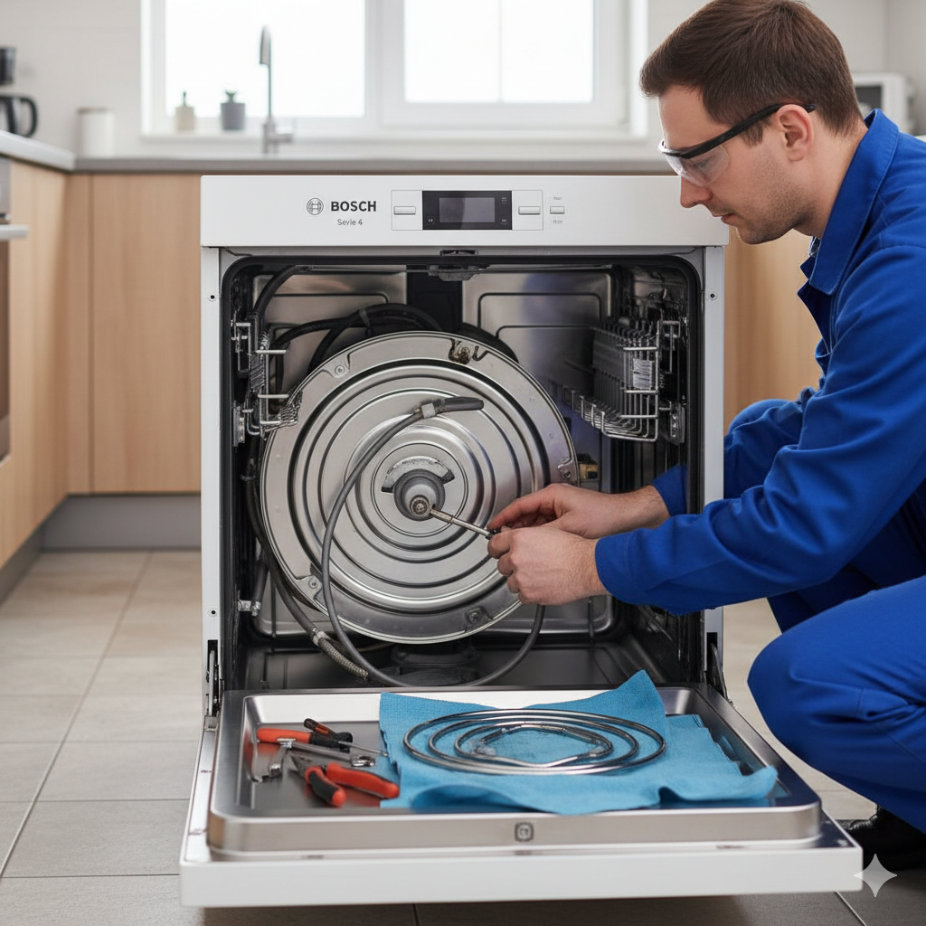 Мастер меняет ТЭН в посудомоечной машине Bosch