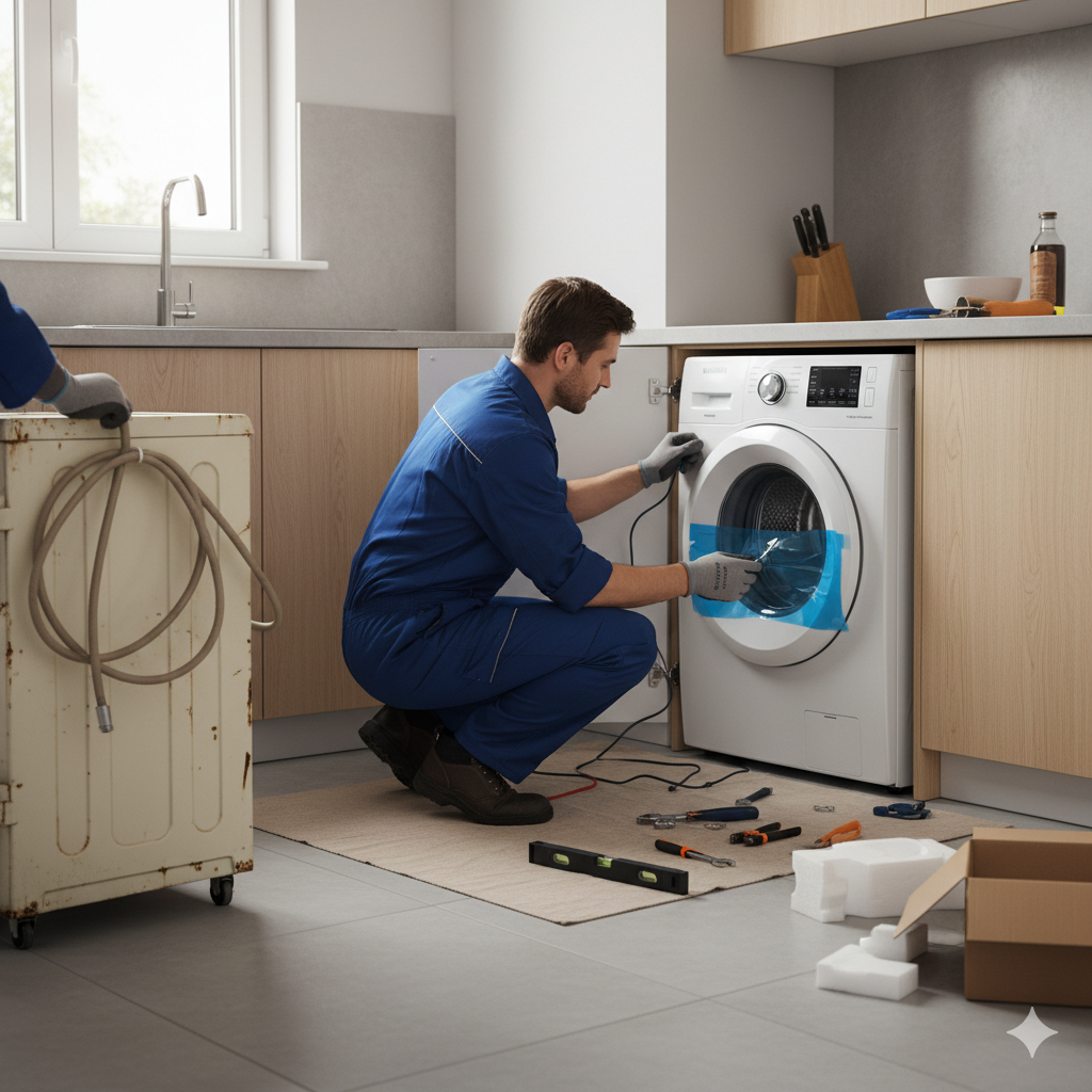 Аккуратная ванная комната с установленной стиральной машиной