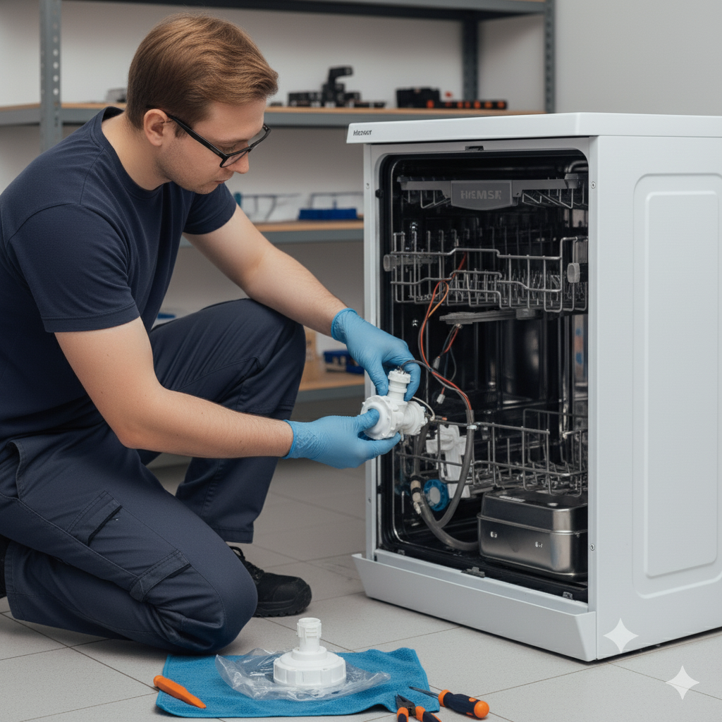 Мастер меняет впускной клапан в посудомоечной машине Indesit