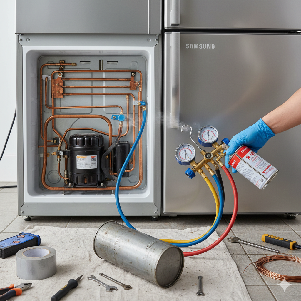 Мастер заправляет фреоном холодильник Samsung